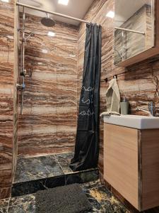 La salle de bains est pourvue d'une douche et d'un lavabo. dans l'établissement Súkromný luxusný apartmán, à Hlohovec