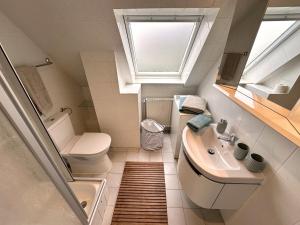 a bathroom with a toilet and a sink and a skylight at Appartement No 1 - Usedom in Zirchow