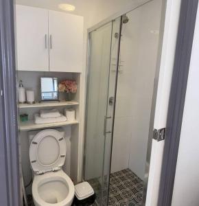 a bathroom with a toilet and a glass shower at Budget 1 bedroom unit near Maroubra Beach in Sydney