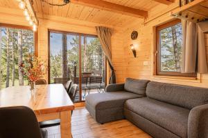 ein Wohnzimmer mit einem Sofa und einem Tisch in der Unterkunft Forest Princess Chalet - Happy Rentals in Nova Vas
