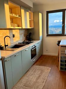 eine Küche mit Spüle und Fenster in der Unterkunft Homeland City View in Cluj-Napoca