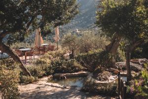 een tuin met een tafel, een parasol en een vijver bij Sa Pedrissa in Deia