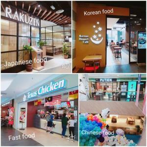 un collage de cuatro fotos de una tienda de alimentos en #10 Studio SS15 First Subang Courtyard--2mins to SS15 LRT !2-3PAX!, en Subang Jaya