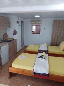 a room with three beds and a kitchen at Apartmant Lidija in Nov Dojran