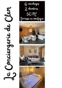 a collage of photos of a living room and a dining room at Chalet au pied des pistes, le lioran, terrasse, 2 chambres, 4 lits in Laveissière