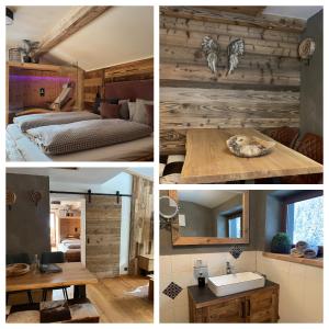 a collage of four pictures of a bedroom and a bathroom at Chalet Apart Hansler in Ehrwald