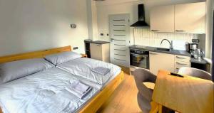 małą sypialnię z łóżkiem i kuchnią w obiekcie Bunkr Karlštejn w mieście Karlštejn