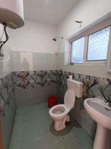 a bathroom with a toilet and a sink at Rumi Cafe and Stay in Leh