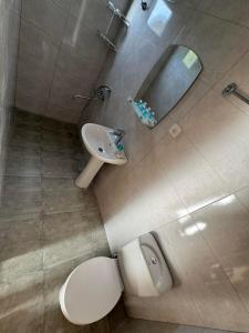 uma casa de banho com um lavatório, um WC e um espelho. em Odamarani em Kutaisi