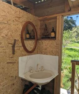 a bathroom with a sink and a mirror at The Buddha Shed in Hindmarsh Valley