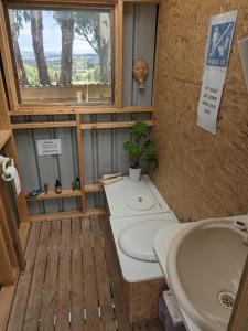 a bathroom with a sink and a toilet and a window at The Buddha Shed in Hindmarsh Valley