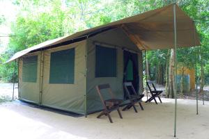 マータラにあるLeopard Glamping - Luxury Mobile Campsite in Yala & Kumanaの緑のテント(椅子2脚、テーブル付)