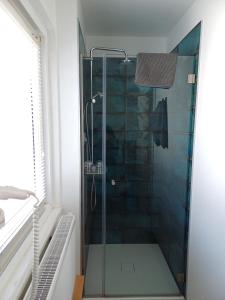 a shower with a glass door in a bathroom at Haus Piller in Bad Hofgastein +85 photos