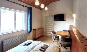 Schlafzimmer mit einem Bett, einem Schreibtisch und einem Tisch in der Unterkunft Bunkr Karlštejn in Karlštejn