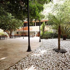 ein Gebäude mit zwei Bäumen und einem Straßenlicht in der Unterkunft Cirali Hotel in Cıralı