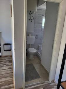 ein kleines Bad mit einem WC und einer Dusche in der Unterkunft Rooms with a parking space Novi Vinodolski - 21509 in Novi Vinodolski