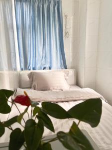 a bedroom with a bed with a blue curtain at Waveflo Hostel 浪花青旅 in Hong Kong