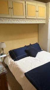 a bed with blue pillows on it in a room at Belle Maison Individuelle in Rueil-Malmaison