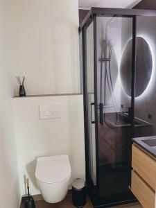 a bathroom with a shower with a toilet and a sink at Malpertus in Bredene +13 photos