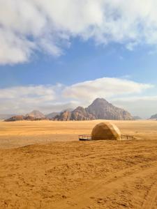 ein Zelt in der Wüste mit Bergen im Hintergrund in der Unterkunft Daniela Camp Wadi Rum in Wadi Rum