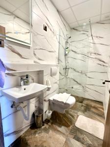 ein Bad mit einem Waschbecken und einem WC in der Unterkunft Agape Villa Apartments in Novi Sad