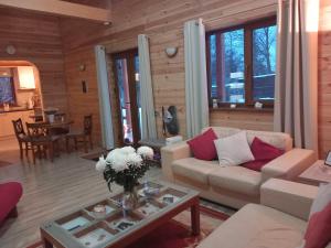 uma sala de estar com um sofá e uma mesa em Forest Edge Cottage em Riga