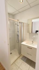 a white bathroom with a shower and a sink at Foucault - Appartements - au cœur de Lourdes in Lourdes +62 photos