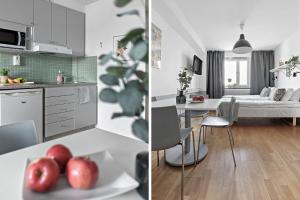 two pictures of a kitchen and a living room at Forenom Hotel Kista in Stockholm