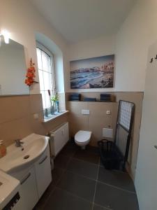 a bathroom with a toilet and a sink at Spacious Apartment for Traveler and Fitter in Lollar