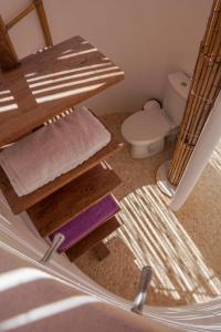 埃爾莫波利斯的住宿－Villa Zen Dans Le Bleu，一间带卫生间和毛巾架的浴室
