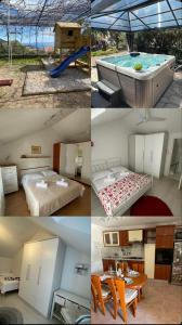 a collage of four pictures of a bedroom and a pool at Vacation House Marin with Jacuzzi - Bol, Brač in Bol