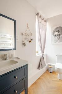ein Bad mit einem Waschbecken, einem WC und einem Fenster in der Unterkunft Rose & Blue Spa proche Chalon S/Saône et Beaune in Saint-Martin-en-Bresse