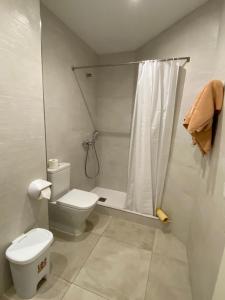 a small bathroom with a toilet and a shower at Hostal Palmaria in Cala Santanyi