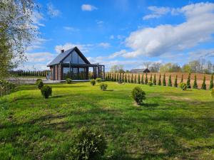 ein Haus auf einem Feld mit einem grünen Hof in der Unterkunft Domek nad jeziorem in Krasnopol