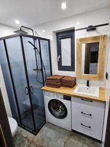 a bathroom with a washing machine and a sink at Domek nad jeziorem in Krasnopol