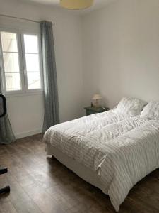 a bedroom with a white bed and a window at Maison de village in Valle-di-Rostino