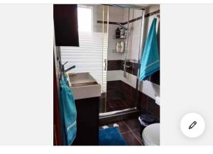a bathroom with a sink and a shower at Aphrodite studio in Póndi
