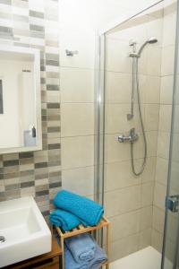 uma casa de banho com um chuveiro e um lavatório. em Seaview-CasadiAlfio-Qawra em St. Paul's Bay