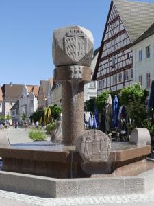 a fountain in the middle of a town with buildings at Hotel Hirsch in Günzburg