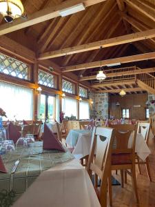 uma sala de jantar com mesas e cadeiras num edifício em Hotel Aplis em Ovaro