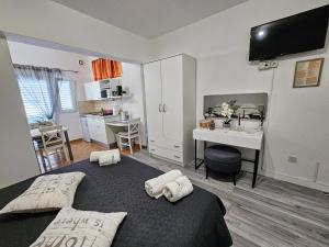 een slaapkamer met 2 bedden en een bureau. bij Guest House Antonia in Baška Voda
