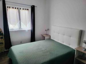 a bedroom with a green bed and a window at La Madeleine,Agréable appartement au calme in Bergerac