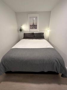 a bedroom with a large bed in a white room at Adorable Main Street Haven in Vancouver