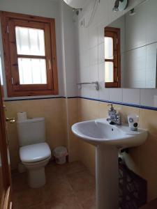 La salle de bains est pourvue de toilettes et d'un lavabo. dans l'établissement El mirador del beregenal, à Enix