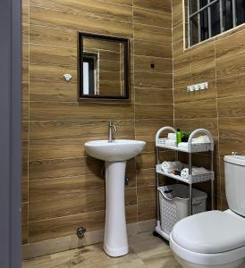 a bathroom with a sink and a toilet at Cozy Haven Suite in Accra +33 photos