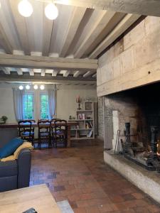 Les Hortensias في Manerbe: غرفة معيشة بها موقد وطاولة وكراسي