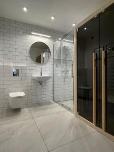 a bathroom with a shower and a toilet and a sink at Apartament pod Wielką Sową in Pieszyce