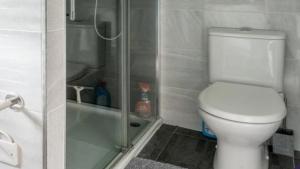 a bathroom with a white toilet and a shower at Luxury Villas Kalafati Mikonos in Mýkonos City
