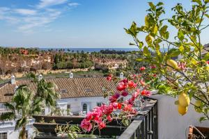 マルベーリャにあるMolo Luxury Suites Puerto Banusの花の咲くバルコニーから市街の景色を望めます。