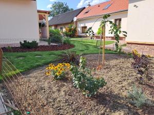 een tuin voor een huis met bloemen bij Apartmány Danka in ľubeľa